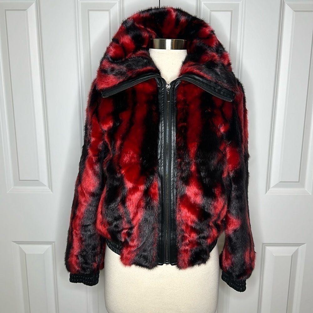 Adrienne Landau Red & Black Faux Fur Waist Style Jacket Szxs